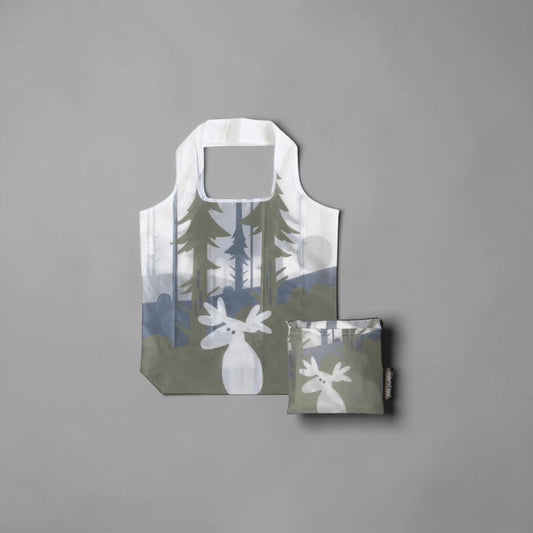 aelgmark reusable shopping bag with a moose and forest print, made from recycled materials.