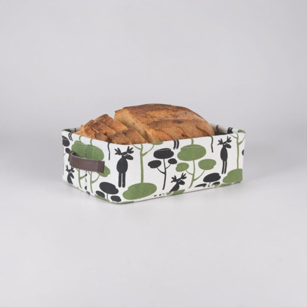 aelgmark Nordic moose print fabric storage basket with brown handles, perfect for bread or home organization.