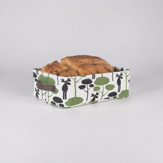 aelgmark Nordic moose print fabric storage basket with brown handles, perfect for bread or home organization.