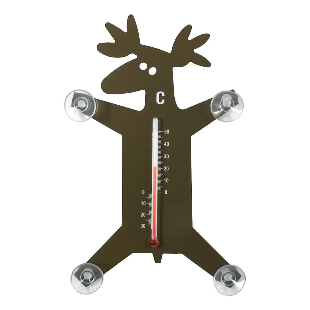 aelgmark brown moose-shaped thermometer with suction cups for indoor/outdoor use.