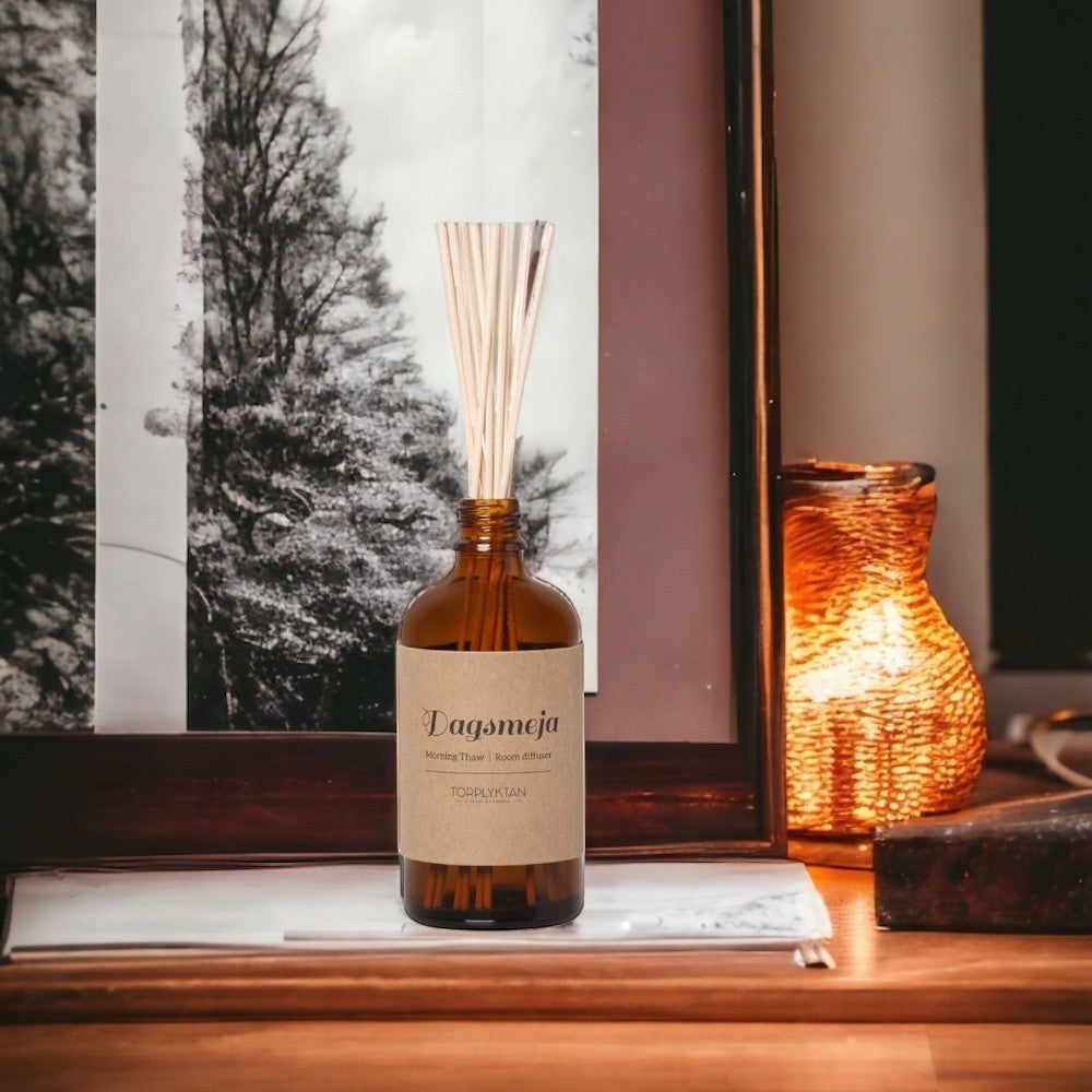aelgmark amber glass room diffuser with natural reeds, featuring a 'Morning Thaw' scent with notes of bergamot, jasmine, vetiver, and sandalwood.