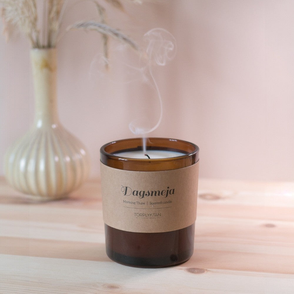 aelgmark scented candle in amber glass jar with brown paper label, 'Morning Thaw' scent, soy wax, 150g