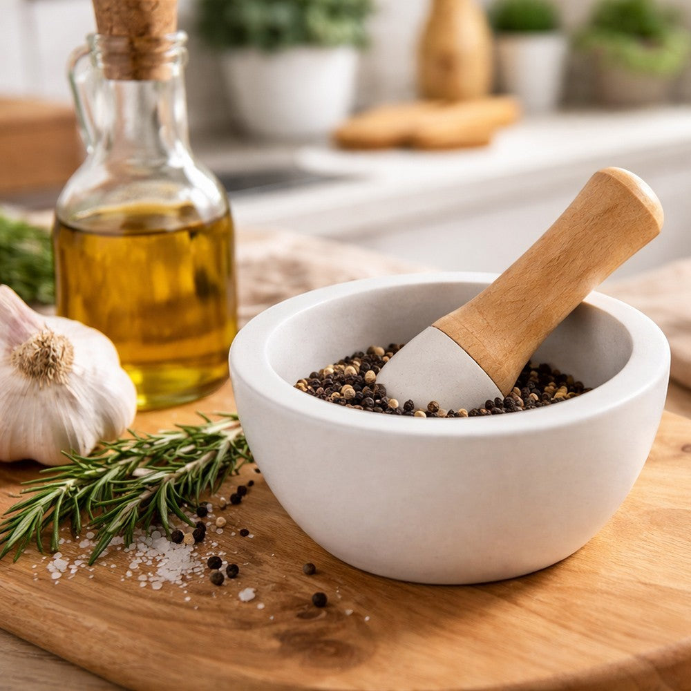 aelgmark mortar and pestle set with wooden handle, ideal for grinding spices and herbs. White ceramic bowl.