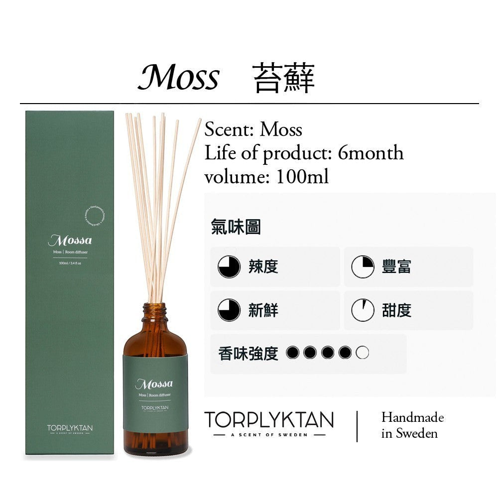 aelgmark Moss room diffuser with pine, patchouli, and cedar notes. 100ml bottle with green packaging.