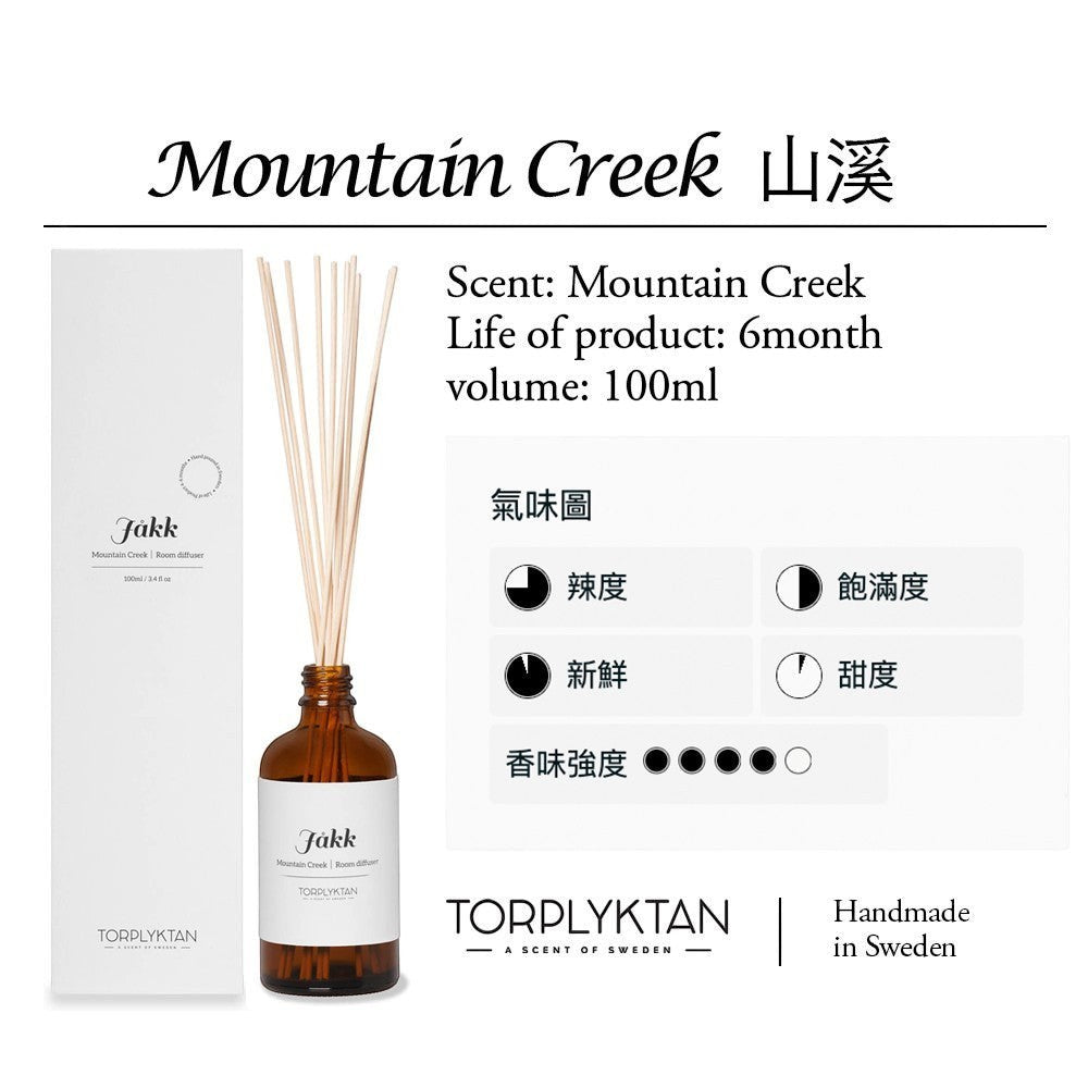 aelgmark Mountain Creek room diffuser with 100ml amber glass bottle and natural reeds, featuring notes of watercress, dill, musk, and iris.