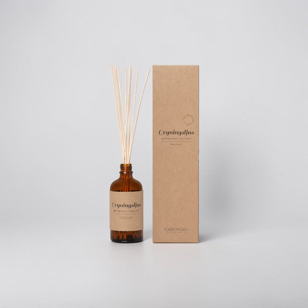 aelgmark amber glass room diffuser with reeds, 'Cryningsljus Light of Early Dawn' scent, 100ml