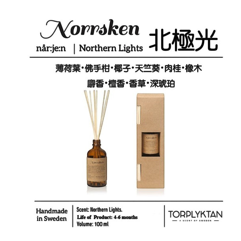 aelgmark Northern Lights reed diffuser with amber glass bottle and natural reeds, 100ml. Scent notes include geranium, bergamot, oak, and amber.