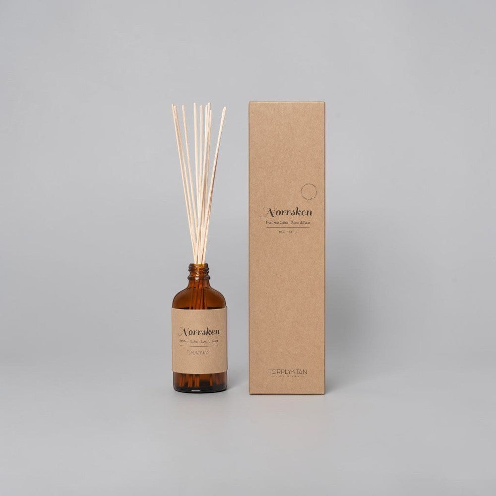 aelgmark Northern Lights reed diffuser in amber glass bottle with wooden reeds, 100ml. Includes brown cardboard packaging.