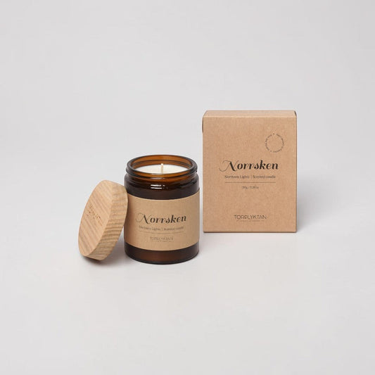 aelgmark Northern Lights scented candle in amber glass jar with wooden lid, 150g.