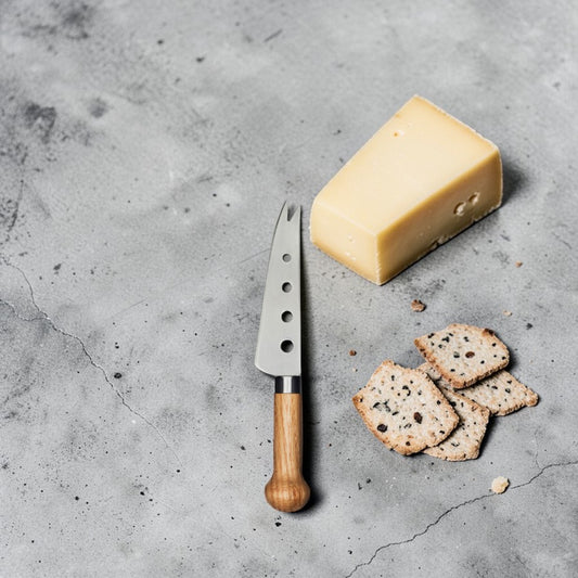 aelgmark Nature oak handle cheese knife with stainless steel blade and holes, paired with cheese and crackers.