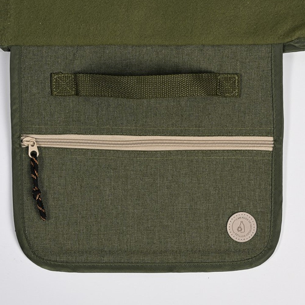 aelgmark olive green rPET picnic blanket with zippered pocket and carrying handle, made from recycled bottles.