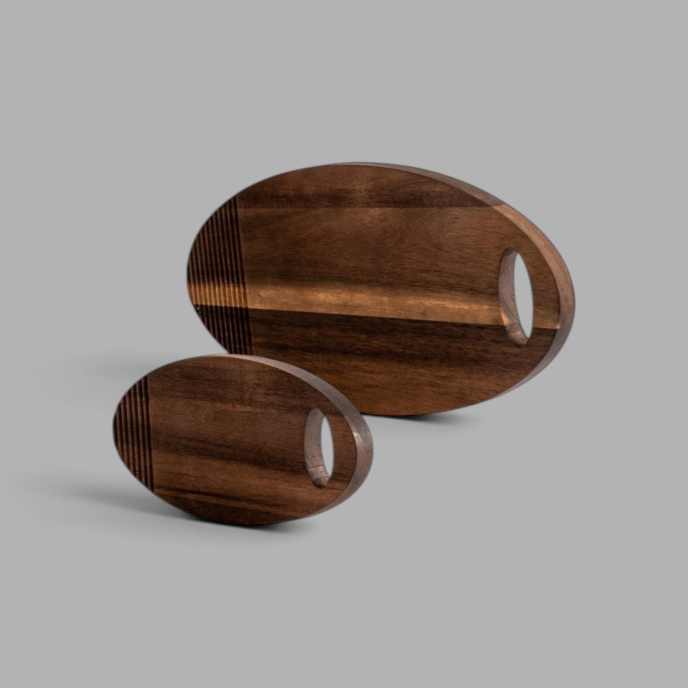 aelgmark 북유럽 생활 선별 Ante oval acacia wood serving board with handle, dark brown, grooved detail