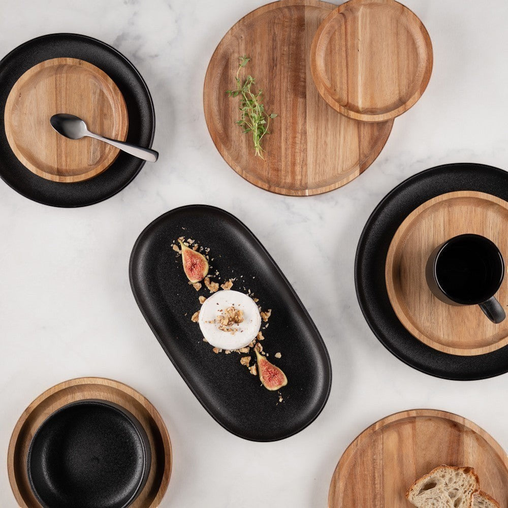 aelgmark oval matte black ceramic serving platter with figs and cheese, set of 2