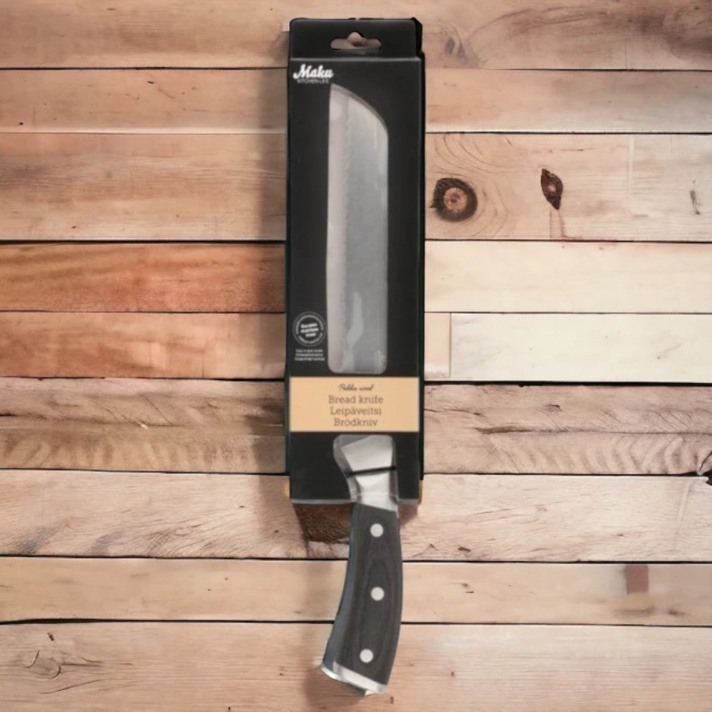 aelgmark Pakkawood handle bread knife with serrated German vanadium steel blade, ideal for slicing bread.