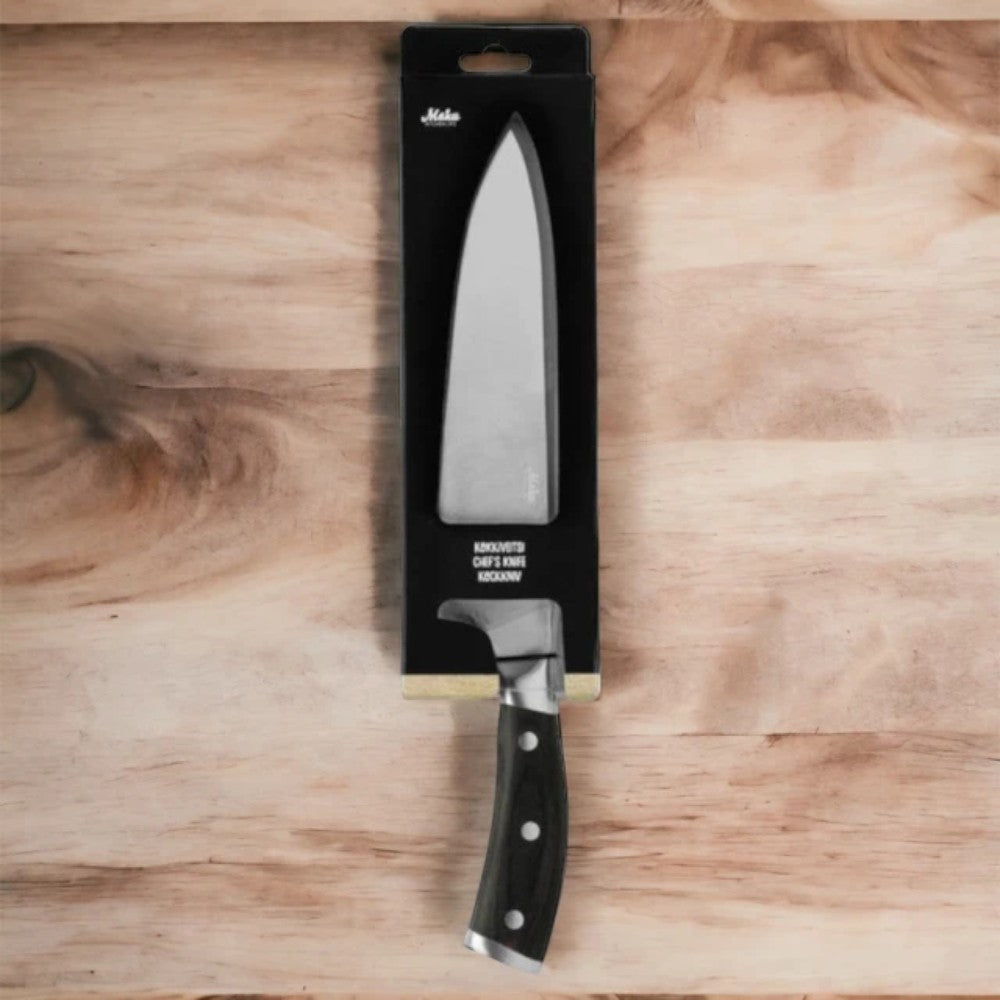 aelgmark chef's knife with pakkawood handle, German vanadium steel blade, ergonomic design for comfortable grip.