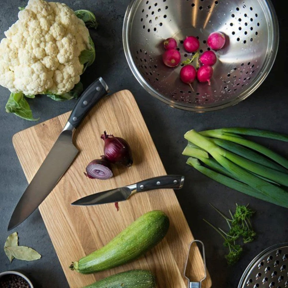 aelgmark kitchen knives with pakkawood handles, German vanadium steel blades, and ergonomic grip. Includes chef's knife and paring knife.