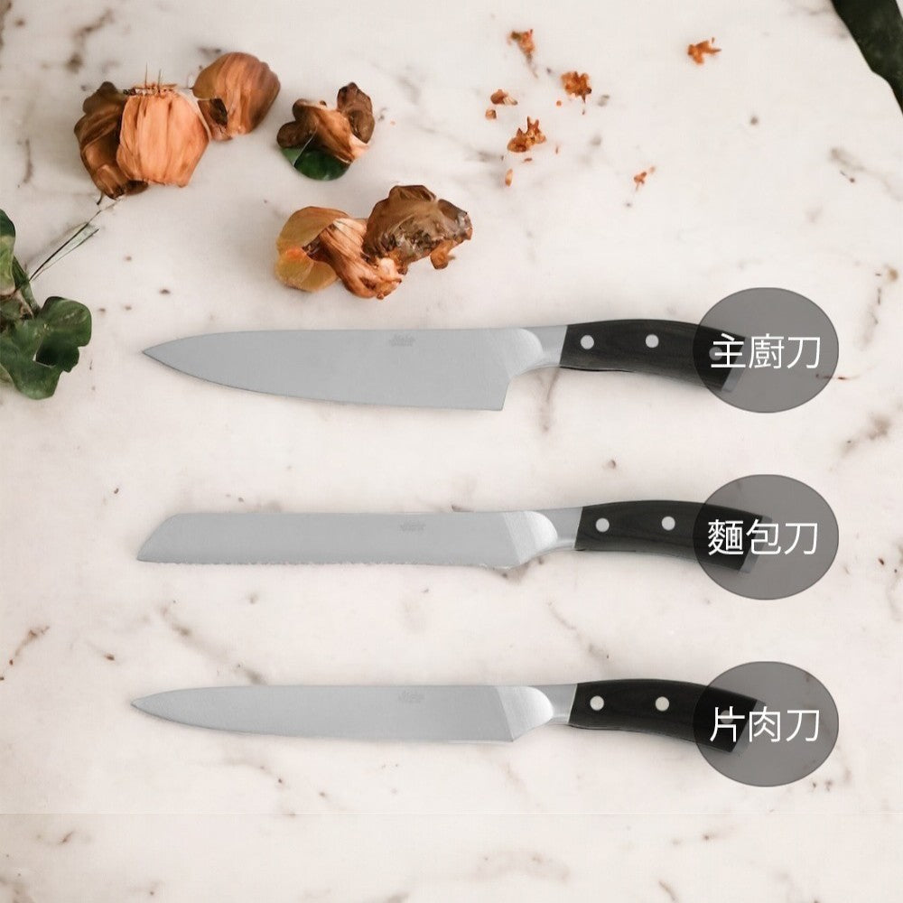 aelgmark kitchen knives set: chef's knife, bread knife, and slicing knife with pakkawood handles.