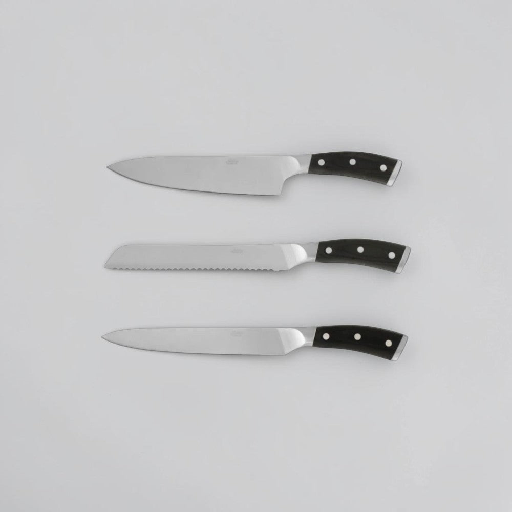 aelgmark kitchen knives set: chef's knife, serrated bread knife, and utility knife with pakkawood handles.