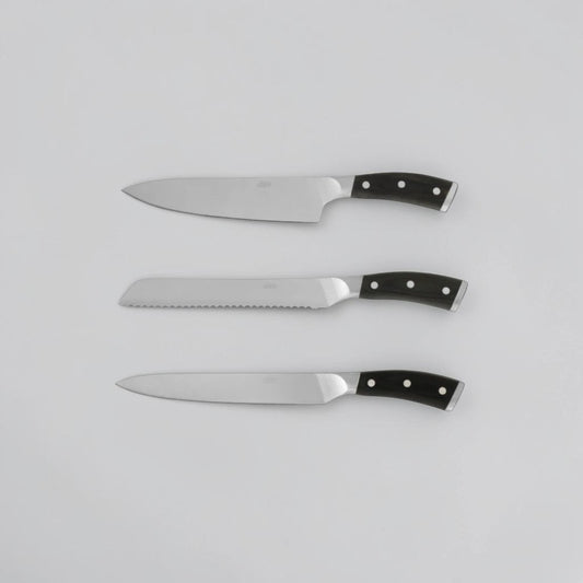 aelgmark kitchen knives set: chef's knife, serrated bread knife, and utility knife with pakkawood handles.