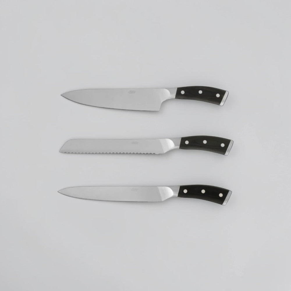 aelgmark kitchen knives set: chef's knife, serrated bread knife, and utility knife with pakkawood handles.