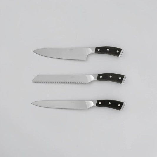 aelgmark kitchen knives set: chef's knife, serrated bread knife, and utility knife with pakkawood handles.
