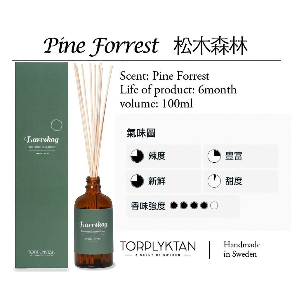 aelgmark Pine Forest room diffuser with pine and cedar notes, 100ml bottle with wooden reeds, handmade in Sweden.