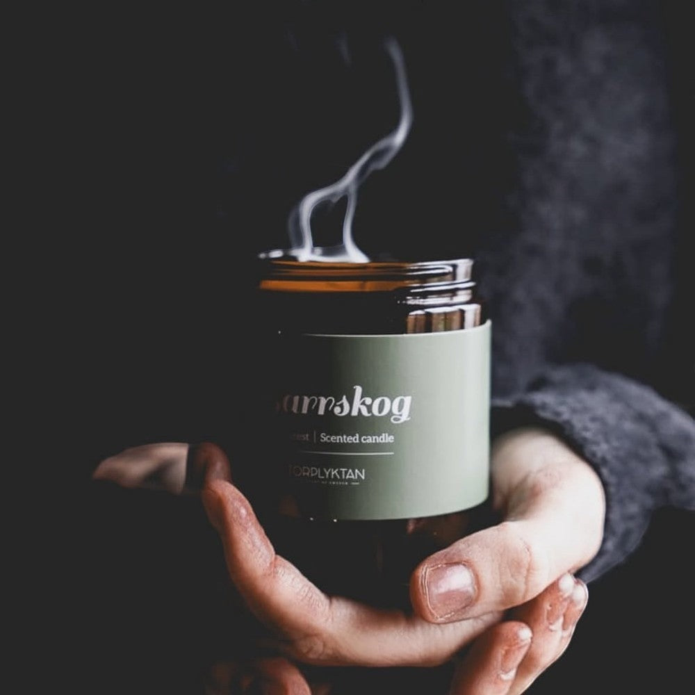 aelgmark Northern Woods Pine Forest scented candle in amber glass jar with green label, smoke rising.