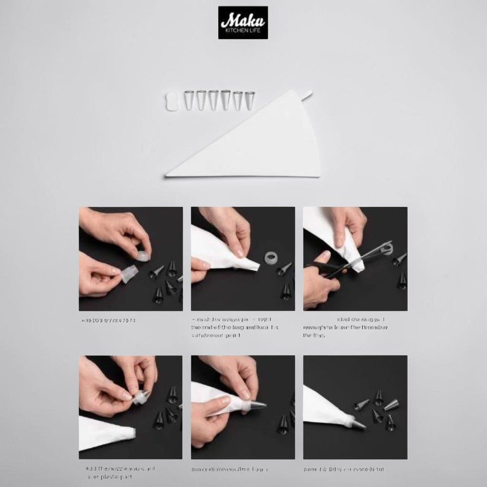 aelgmark reusable piping bag set with 6 assorted nozzles for decorating and filling desserts.