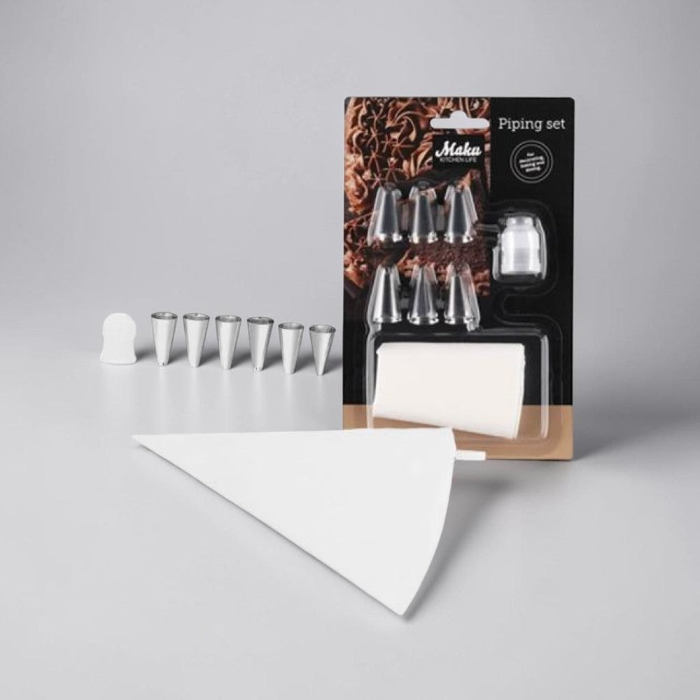 aelgmark piping set with 6 assorted nozzles and reusable piping bag for baking and decorating desserts.