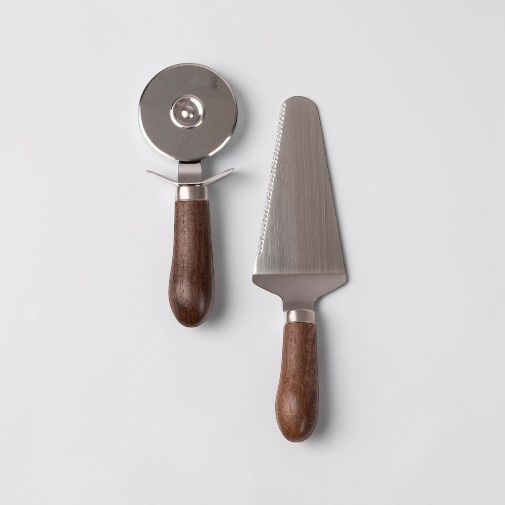 aelgmark Astrid stainless steel pizza cutter and server set with dark wood handles.