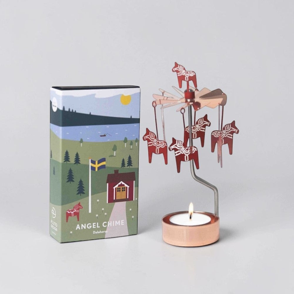 aelgmark red Dala horse carousel candle holder with white decorative details, metal.