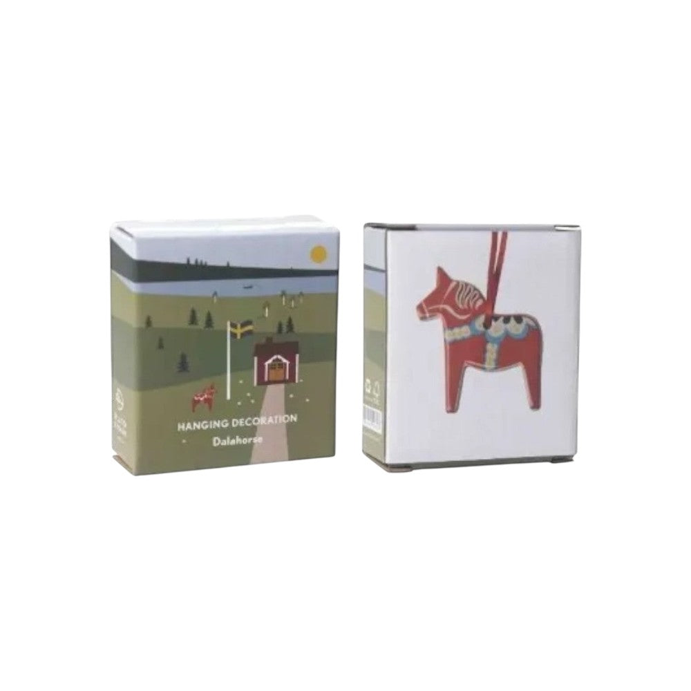 aelgmark red Dala horse hanging decoration, ceramic, traditional Swedish folk art style.