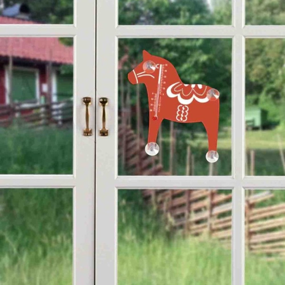 aelgmark red Dala horse thermometer with white decorative pattern, indoor/outdoor use