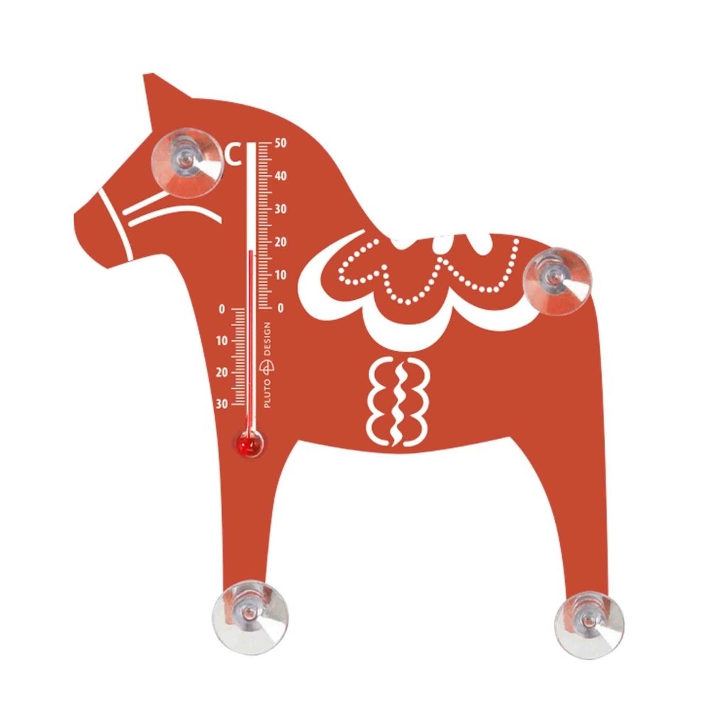 aelgmark red horse-shaped thermometer with white decorative details and Celsius scale. Indoor/outdoor use.