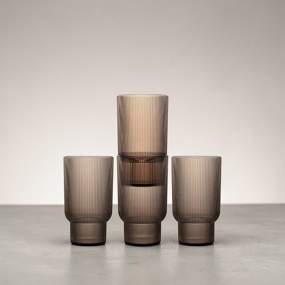 A set of four aelgmark北歐生活選物 ribbed, taupe rPET tumblers. Modern Nordic design, perfect for everyday use.