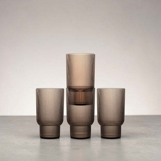 A set of four aelgmark北歐生活選物 ribbed, taupe rPET tumblers. Modern Nordic design, perfect for everyday use.