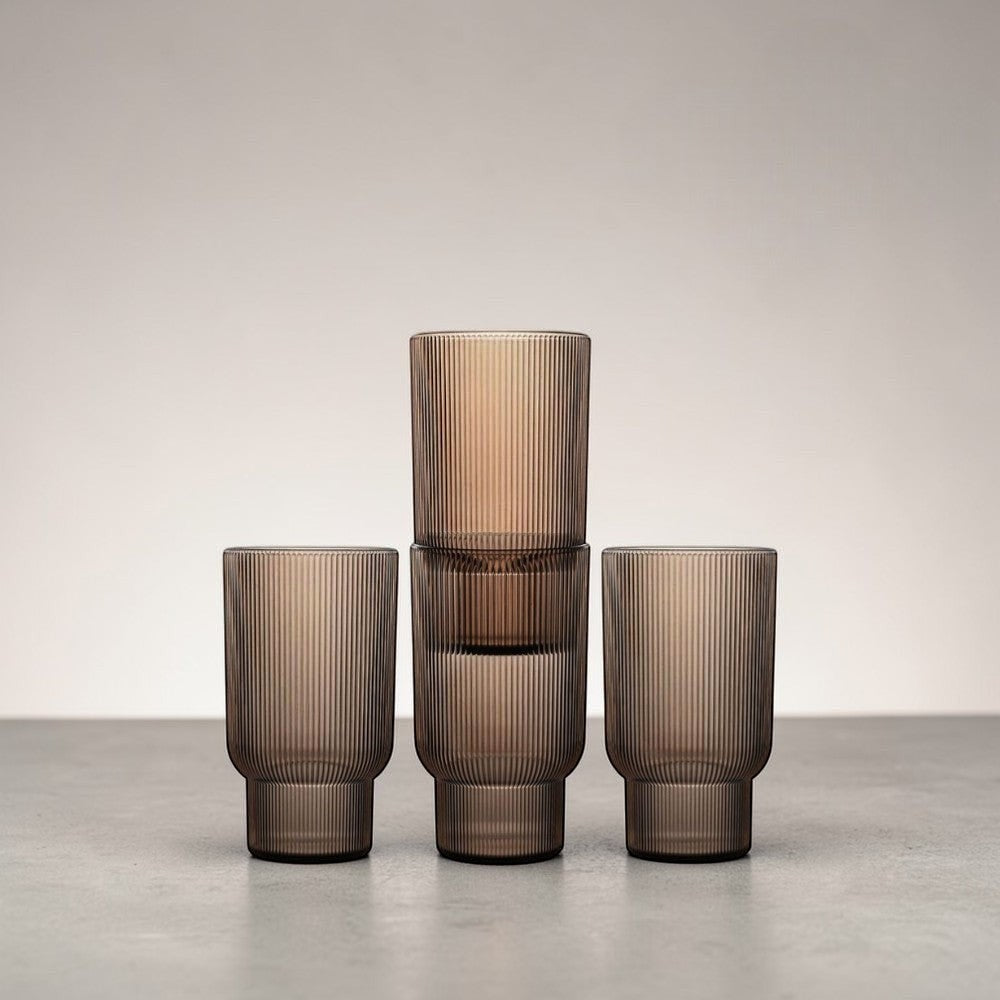 A set of four aelgmark北歐生活選物 ribbed, taupe rPET tumblers. Modern Nordic design, perfect for everyday use.