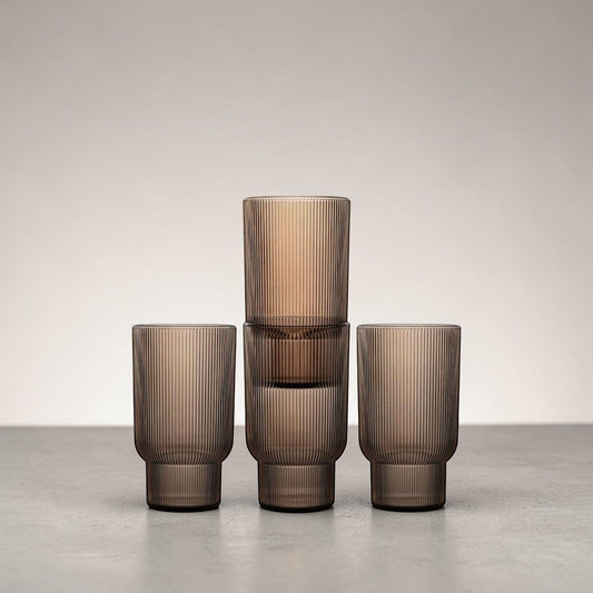 A set of four aelgmark北歐生活選物 ribbed, taupe rPET tumblers. Modern Nordic design, perfect for everyday use.
