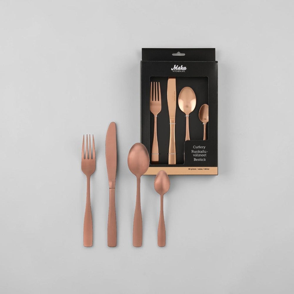 aelgmark rose gold stainless steel cutlery set, 16 pieces including forks, knives, and spoons with PVD coating.
