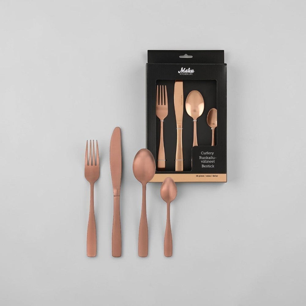 aelgmark rose gold stainless steel cutlery set, 16 pieces including forks, knives, and spoons with PVD coating.