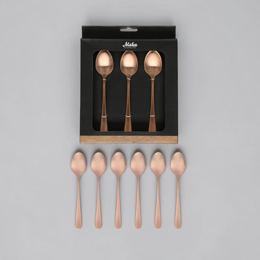 aelgmark Rose Gold 6-piece stainless steel dessert and coffee spoon set with PVD coating.