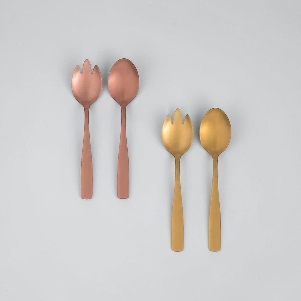aelgmark rose gold salad servers, stainless steel with PVD coating, one spoon and one fork-shaped server.