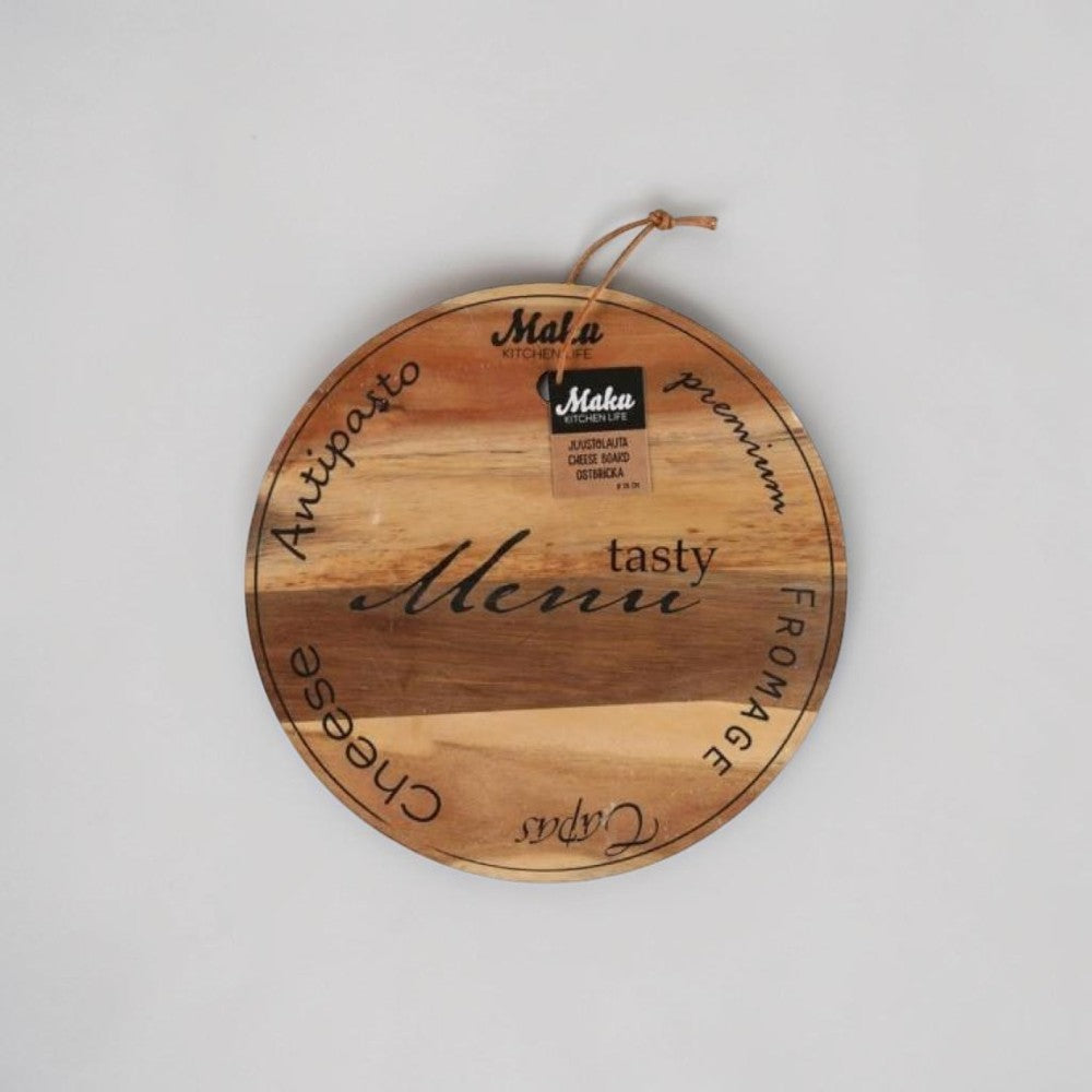 aelgmark round acacia wood cheese board with 'Menu' and 'tasty fromage' text, ideal for appetizers and desserts.
