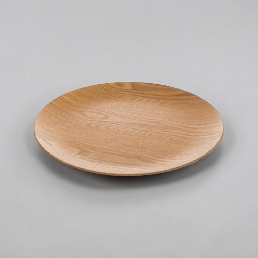 aelgmark round wooden serving tray with natural wood grain, ideal for Nordic style decor or serving snacks.
