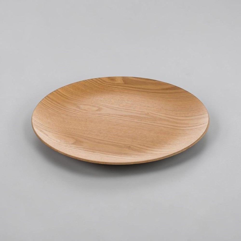 aelgmark round wooden serving tray with natural wood grain, ideal for Nordic style decor or serving snacks.
