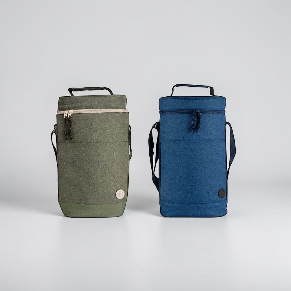 aelgmark rPet insulated cooler bag in green and blue, made from recycled bottles, with handle and shoulder strap.