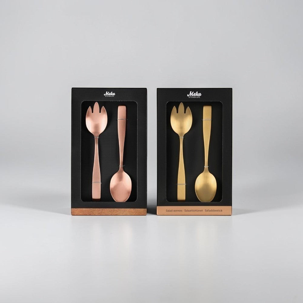 aelgmark salad servers set in champagne gold and rose gold, made of stainless steel with PVD coating.