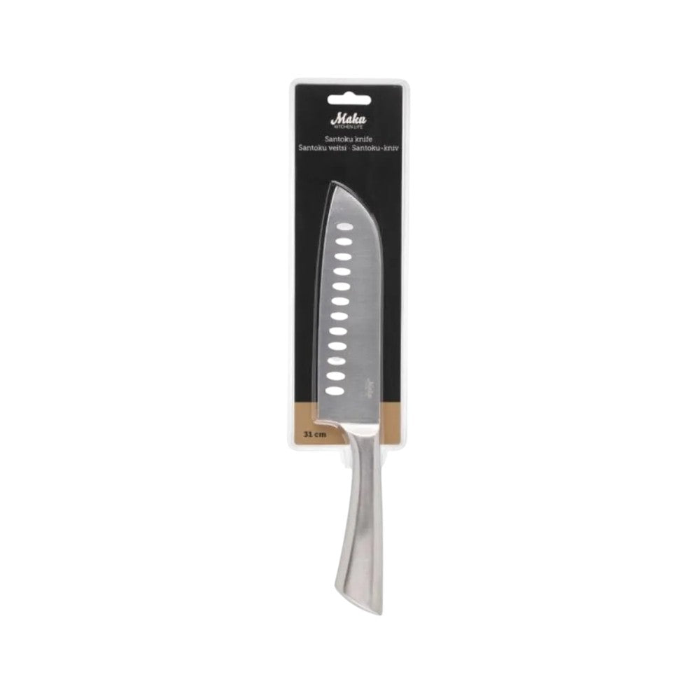 aelgmark Santoku knife with hollow edge, stainless steel, 31 cm, ergonomic handle, kitchen utensil.