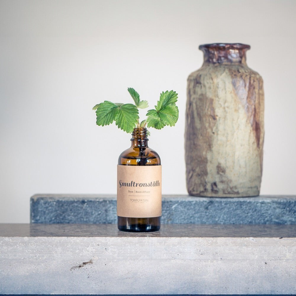 aelgmark Nordic Seasons Secret Forest room diffuser in amber glass bottle with a sprig of greenery. Notes of freesia, honey, mimosa, peony leaf, magnolia, orchid, patchouli, vetiver, vanilla.