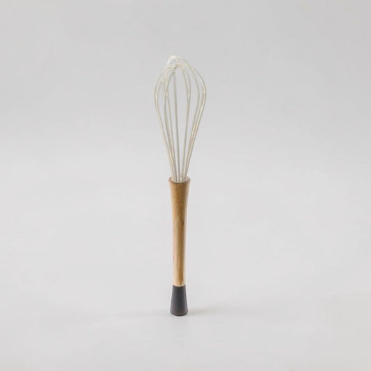 aelgmark whisk with white silicone wires and a bamboo handle, ideal for baking and sauces.